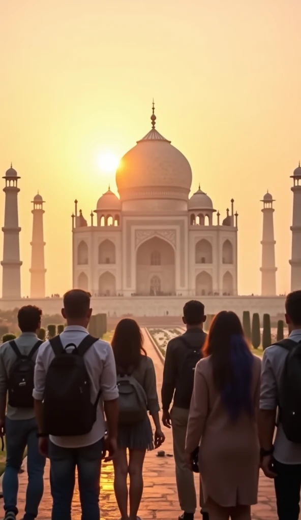 Image of a British person trying to take a selfie with the Taj Mahal in the background, but an Indian person photobombs them with a sign that says "We built this"