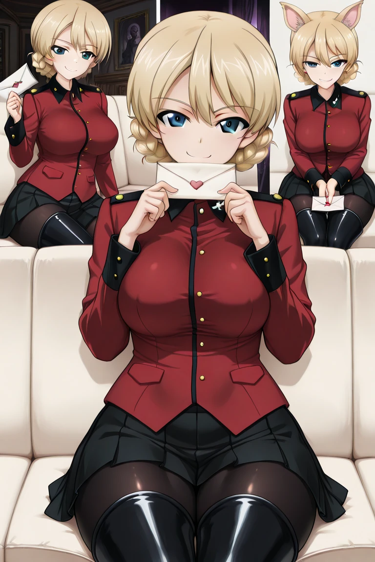 three sexy women who are wives of 4 years old boy with blonde hair, looking at camera, closed eyes opened mouths, portrait, kindergarten teachers outfits