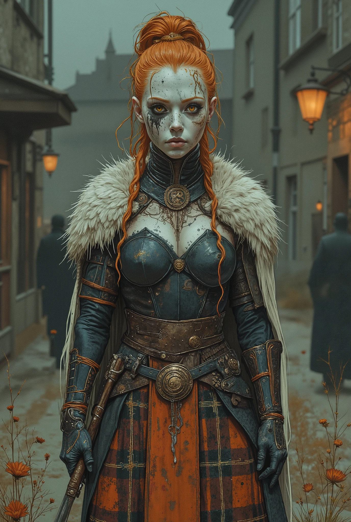ung and beautiful celtic ((warrior)) girl, mystical medieval witch, pale skin, ((celtic black tattoos)), ((shaved hair + ginger braids + ponytail)), cruel expression , ((celtic fur clothes)), celtic ambiance , big sagging breasts, (ornate celtic leather armor), (((kilt))), ((piercings)), (((fur cloak))), (dark medieval moody), (intricate details), (tartan), (((darl fantasy))), holding a sword