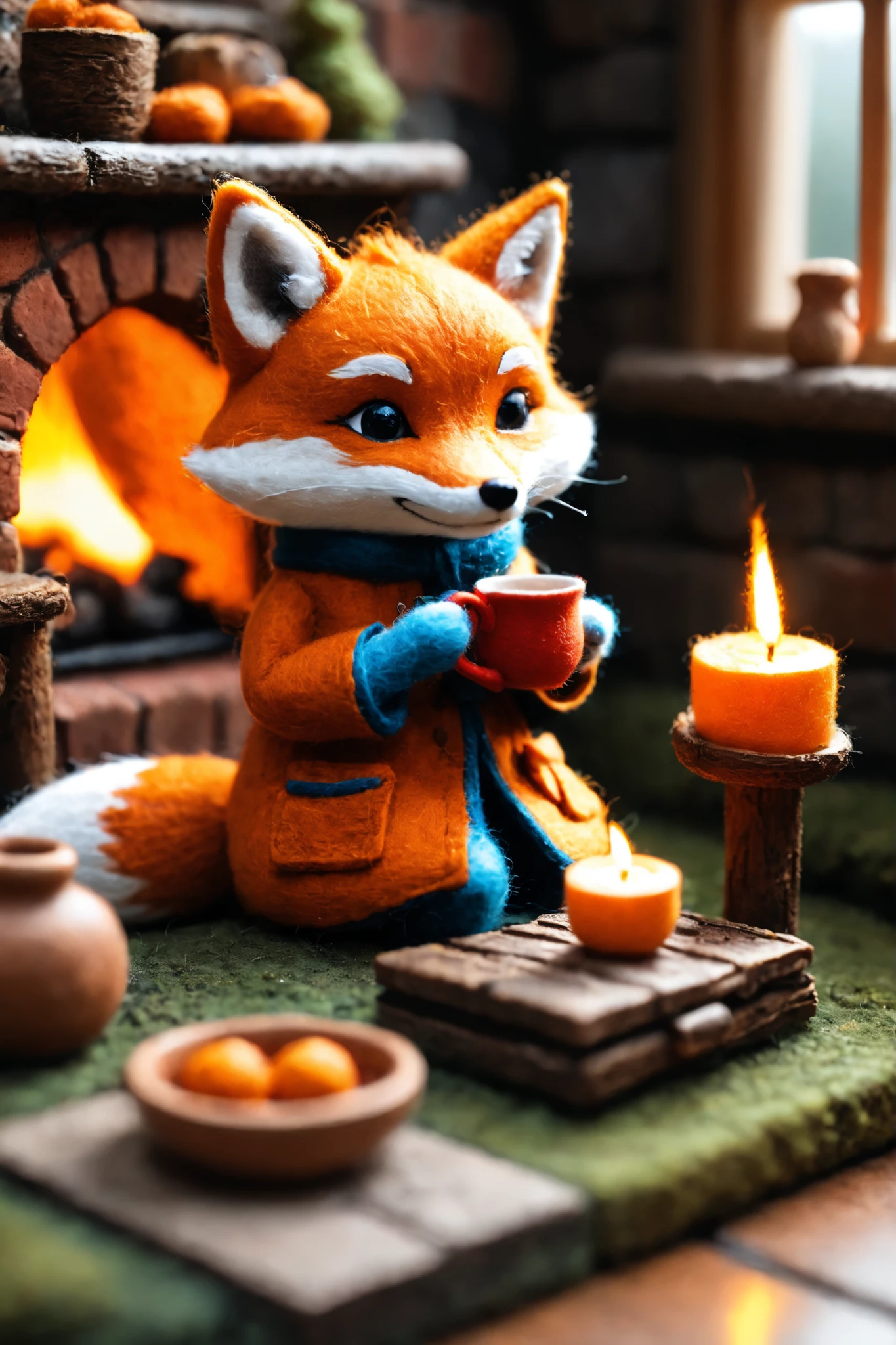 Felt-World\(style\), A fox having tea. red brick, cozy, fire in hearth, fairytale, abbey, monk, church