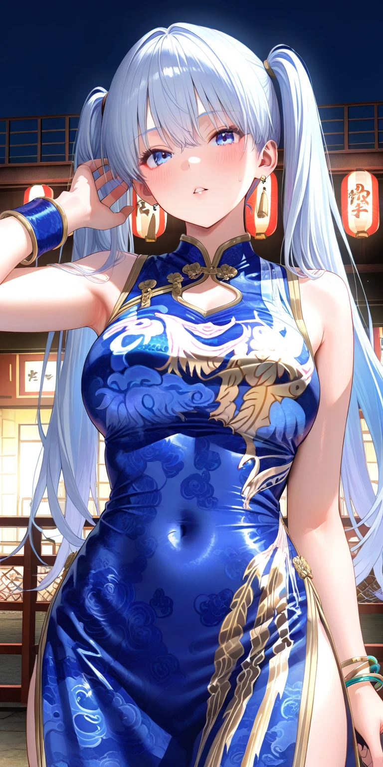 Anime Girl with long thin hair in 2 pigtails and blue ties, anime girl with black hair, off shoulder, Using a white blue cheongsam, smile, Dance style inside a traditional Chinese temple, blue eyes, masterpiece, UHD, Big eyes, full body