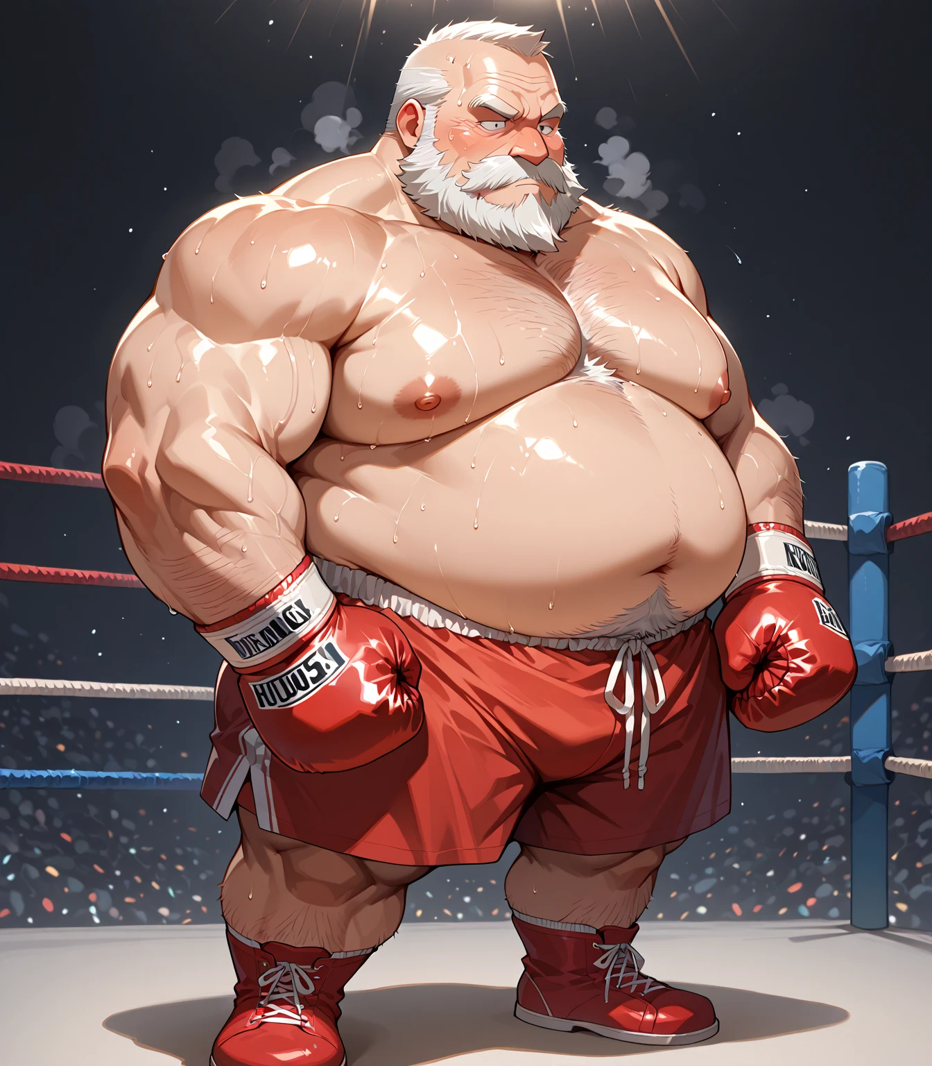 a smiling obese old man, detailed realistic portrait, sumo, 8k high resolution, perfect center, full view, realistic skin texture, wrinkled face, bald head, jovial expression, big belly, fat, wearing shorts, high detail, masterpiece, (best quality,4k,8k,highres,masterpiece:1.2),ultra-detailed