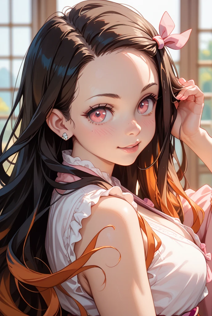 highest quality, masterpiece, Ultra-high resolution, (Realistic: 1.4), kamado nezuko, RAW Photos, 1 girl, kimono, Look at me, Close-up of face, The best smile, Heart Shiny Skin, Dramatic lighting, Give a heart gift, Lovely, Leaning forward, fine, cute, Cleavage