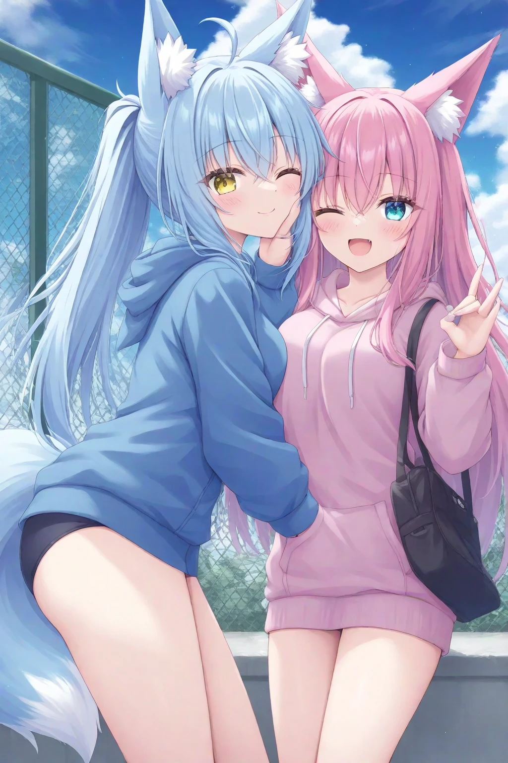 Girl 1,Girl 2,Undressed clothes,Rapper,Jacket,Tank top,hat,belly button,No panties,Pissing, pissing, pissing, dripping pussy juice,Grinning face,Light blue pink hair color,Background urban intersection,crowd,CountrysideOutdoorJapan,Spread your legs,Two duos,Quiet face,Exhibitionism,SideboobUnderboobSideboobUnderboobSideboobUnderboob,No panties,Two people having sex, Our chests join together,Put your hands together, Their eyes are aligned, And they're deep kissing