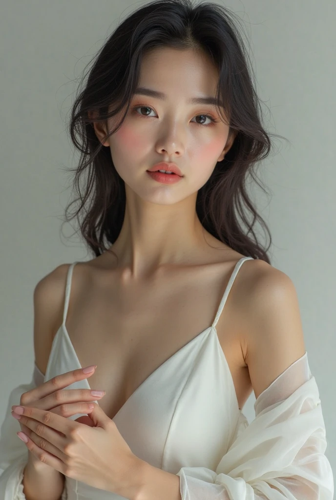 1 person only, 8K RAW photos, 22-year-old Korean model ,167cm, slim body , perfect breasts ,fair skin, soft body, masterpiece blouses, eyes beautiful in detail, beautiful double eyelids, slit eyes, long low ponytail hairstyle that reaches waist level