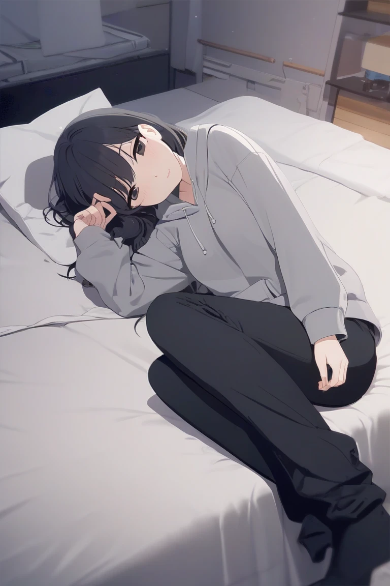 A young woman with dark hair who has dropped out of elementary school, has been a recluse for many years, is unemployed, and is bedridden with depression, and lies in bed all day