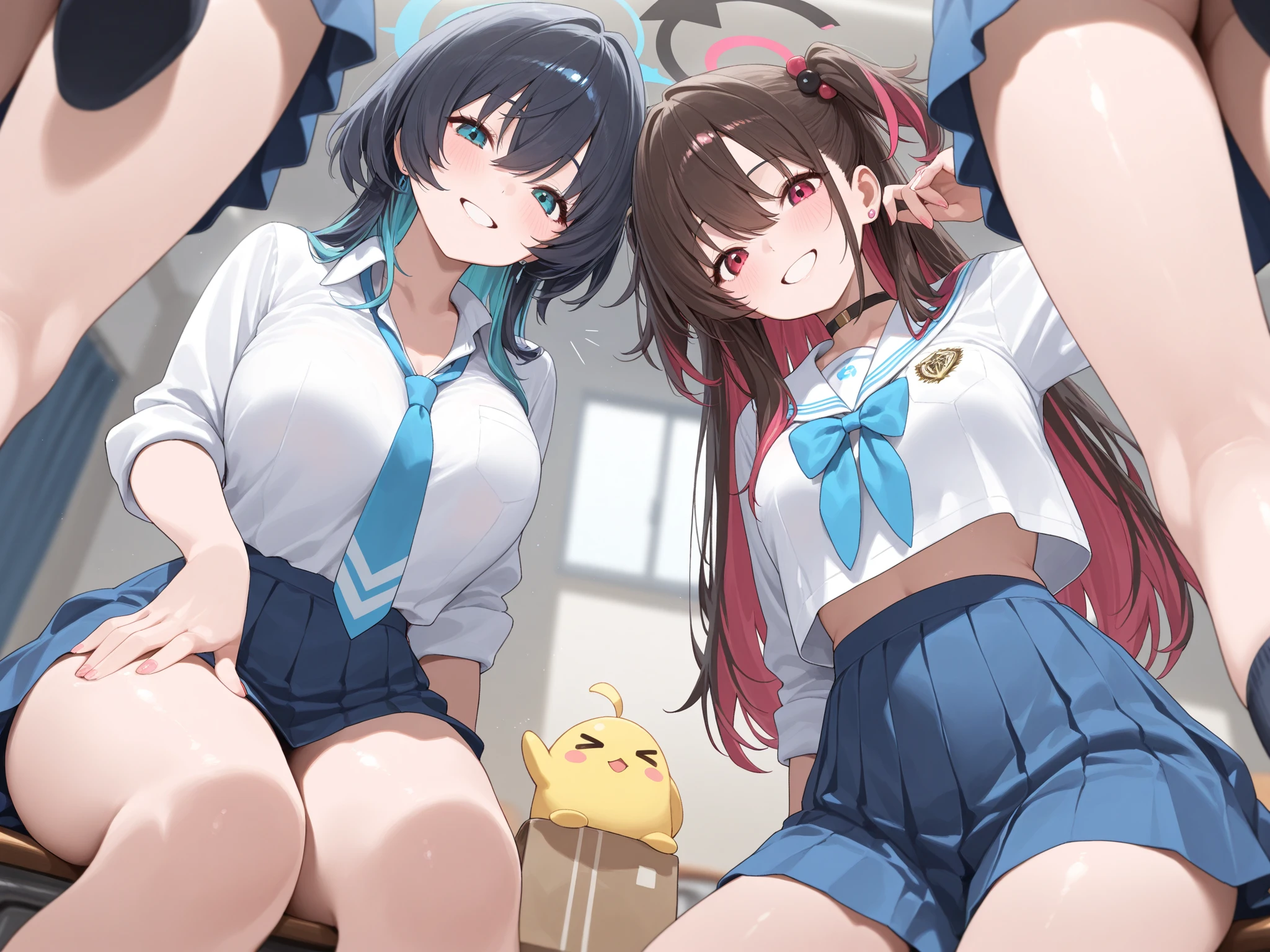 (highest quality), (masterpiece), 1080p, hd, 4k, 8K, ((school uniform)), classroom, sleep on your back, ((2 Girl)), pov, breasts blowjob, between breasts, pencil in breasts, paizuri, breasts, breast squeeze, open mouth, fang teeth, panicked face, exposing nipples, light blue, ((super micro bikini)), light blue eyes, big breasts, Photographed from directly above, long black hair, two side up, thigh high socks, 18-year-old, flip flops, strap
