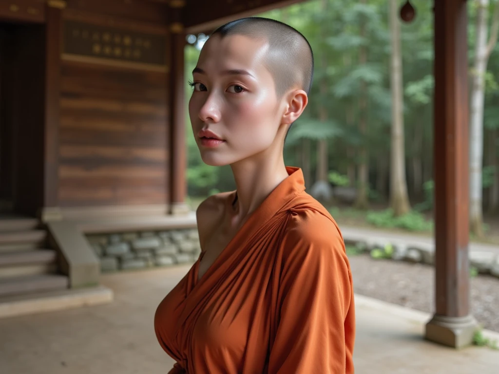 Japanese nun in a transparent robe、monastery、Shaved hair、Shaved Head、艶めかしいポーズ