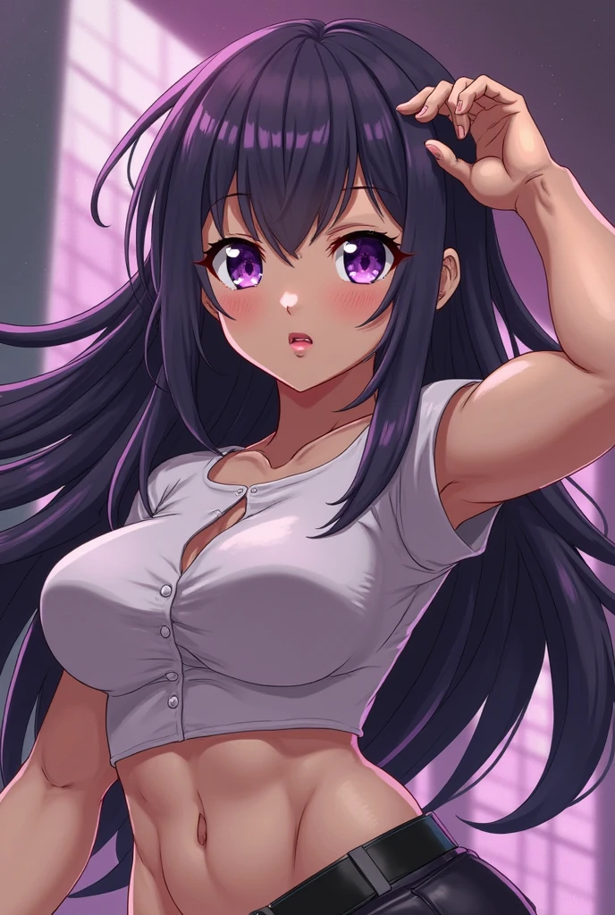 White Background,
pink shirt,cleavage cutout, clothing cutout, navel, short sleeves,
Blue eyes, Purple hair, bangs,side ponytail, Hair ornament,
1 girl, 20yo,Young female,Beautiful Finger,Beautiful long legs,Beautiful body,
Beautiful Nose,Beautiful character design, perfect eyes, perfect face,expressive eyes,perfect balance,
looking at viewer,(Focus on her face),closed mouth, (innocent_big_eyes:1.0),(Light_Smile:0.3),
official art,extremely detailed CG unity 8k wallpaper, perfect lighting,Colorful, Bright_Front_face_Lighting,White skin,
(masterpiece:1.0),(best_quality:1.0), ultra high res,4K,ultra-detailed,
photography, 8K, HDR, highres, absurdres:1.2, Kodak portra 400, film grain, blurry background, bokeh:1.2, lens flare, (vibrant_color:1.2),professional photograph,
(Beautiful,large_Breasts:1.4), (beautiful_face:1.5),(narrow_waist),