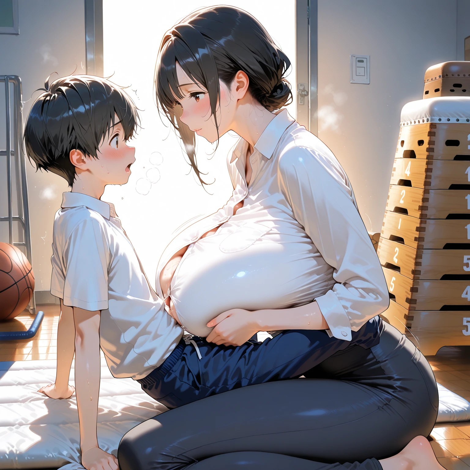 ((highres)), Masterpiece, high quality, best quality, beautiful, perfect lighting, detailed face, On a playground, (mother and son:1.5), (son is 6 years old:1.5), (mom is thicc:1.5), (sucking breasts:1.5) (mom is taller than son:1.5)