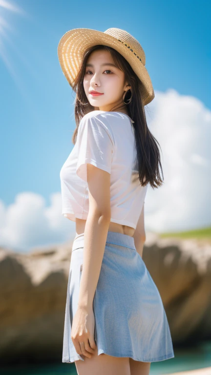 Woman in her 20s holding a wooden box against the blue sky