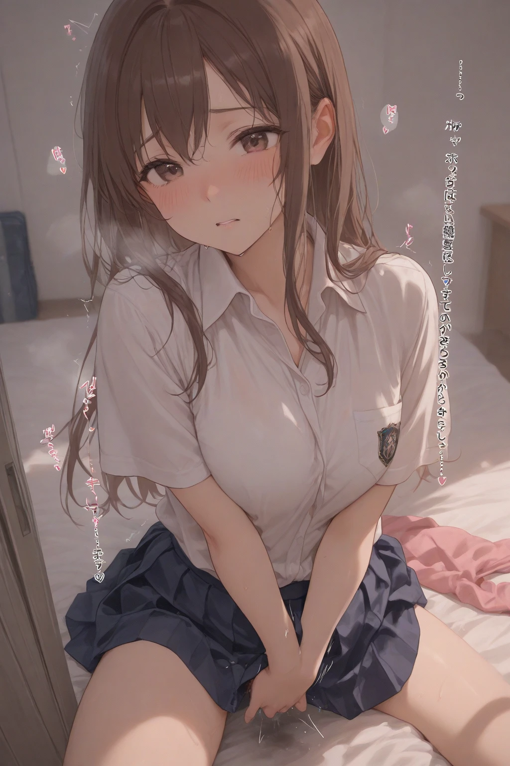 Highest quality, Super Resolution, 8K, Delicate depiction, masterpiece, chibichara, too young girl, Cute, One beautiful girl, Young face, cute, Lustrous brown hair, Small breasts, (Small breasts:1.4), Bedroom, Uncontrollable sexual desire, Erotic, Being sexually aroused, Lifting her shirt to show her nipples, Watery eye, She shows her nipples, I only show my breasts to you, The nipples and areola are pale pink., Very embarrassed, I give my virginity to you, I want you to touch my pussy, Get on one knee, The school uniform is messy, Removed panties, Immoral Eros, Make a man crazy, Dynamic Angle, 