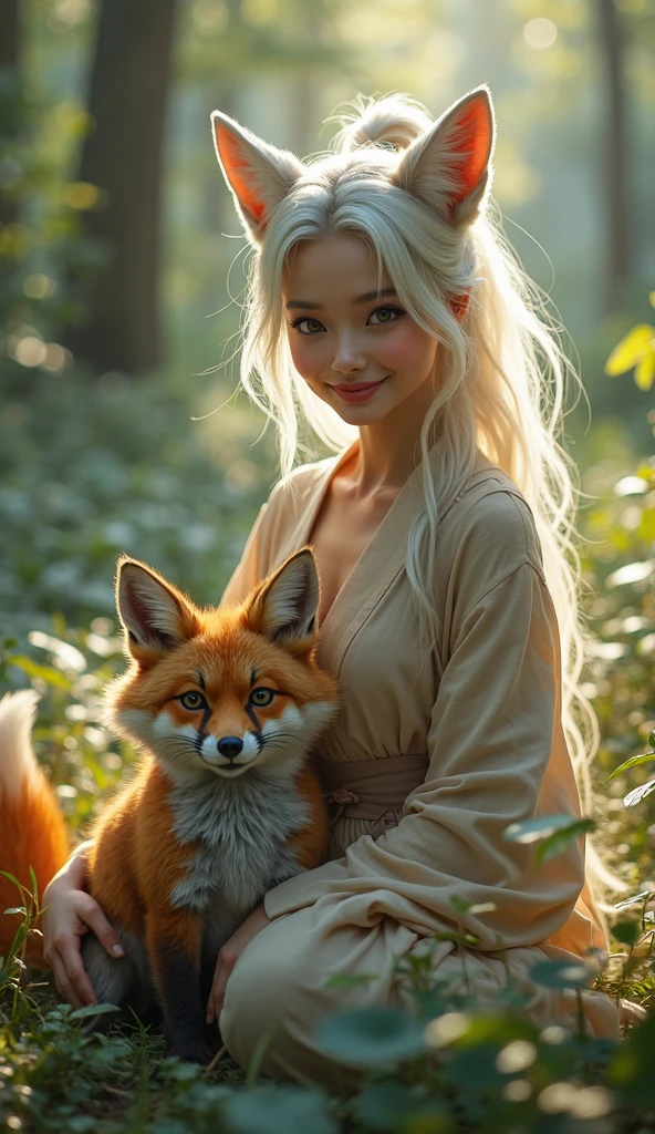 A professional high-quality photo, in 4K resolution, captures in realistic detail a charming girl in a fluffy white pajama with ears and foxtail. She is sitting in the middle of an enchanted forest, where every element is portrayed to perfection. The textures of the pajamas, ears and tail are sharp and palpable. Sunlight falls on the leaves and gently illuminates the girl's face, highlighting each delicate and charming expression --auto --s2