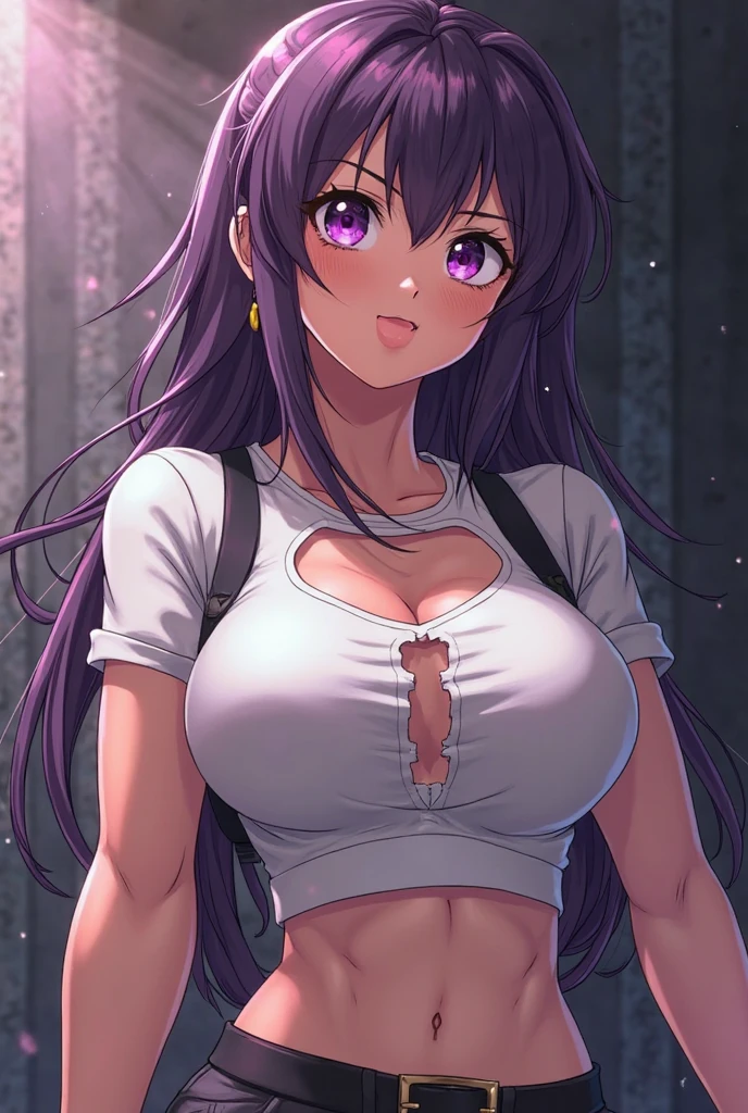 Young woman, maid costume, tanned skin, disgust on face, pumped body, naked tits, squeezing tits, bottom view, medium breasts, purple eyes, hands holding boobs 