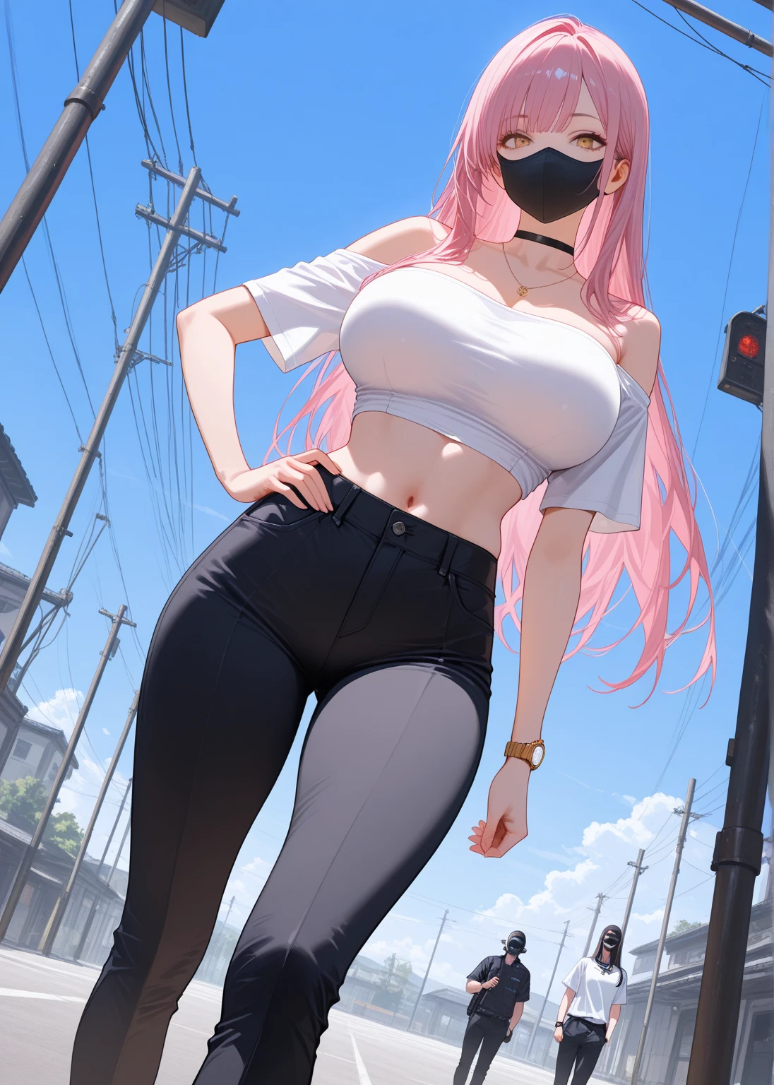 (masterpiece:1.2, Best quality),Masterpiece in maximum 16K resolution, dynamic 3D cyberpunk fusion realistic style. | A beautiful mature 20-year-old woman, wearing a white t-shirt, jess overalls with long pants, and pockets on the front. ((The clothes are very tight on the body and covered in grease and soaked in sweat, highlighting their sensual curves and defined muscles):1.3). She has long pink hair styled in a single braid, with long bangs that fall over her right eye, and multicolored headphones that add a modern and edgy touch to her appearance. Her green eyes are looking straight into the camera with a seductive look, while her sensual smile shows off her bright white teeth and her lips painted with intense red lipstick. ((Her face is smeared with grease and dripping with sweat):1.3), giving a realistic and authentic touch to the scene. | The scene takes place in an old car body shop, a very dirty place full of graffiti on the walls and floor. There is a deteriorated and rusty automobile in the center of the scene, with car tires piled up around it. A bench full of motors and tools is located in a corner, while metal structures and cables dangle from the ceiling create a rugged, industrial atmosphere. Rays of light filtering through dirty windows create dramatic shadows and highlight the details of structures and objects in the scene. | Three-dimensional composition with a low viewing angle, highlighting the imposing figure of the demon woman. Forced perspective enhances the depth of the scene and creates a dynamic effect, while dramatic lighting adds a touch of mystery and suspense. | Scene of woman in a vintage car body shop with a cyberpunk and sensual look. | The camera revealing a full-body_image as she assumes a sensual pose, interacting and leaning against a structure in the scene in an exciting way. | (((She takes a sensual pose as she interacts, boldly leaning on a structure, leaning back in an exciting way.))), (((((full-body_image))))),