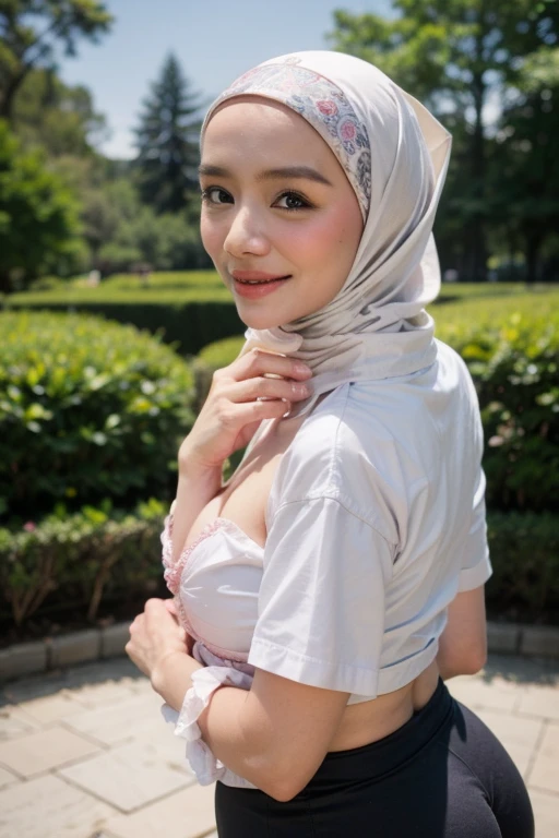 Jumbo (Dress), Chubby adorable, 1 girl, (face to face), 10 years old, baby face, happy, half body portrait, (face details: 1), (eye details: 1), ((big breasts)). wearing transparent transparency soft long shirt, hijab, .. Cute posed. proportional body. Ultra High Res. realistic: 1.4, UHD, (floral pattern), view from side seductive pose