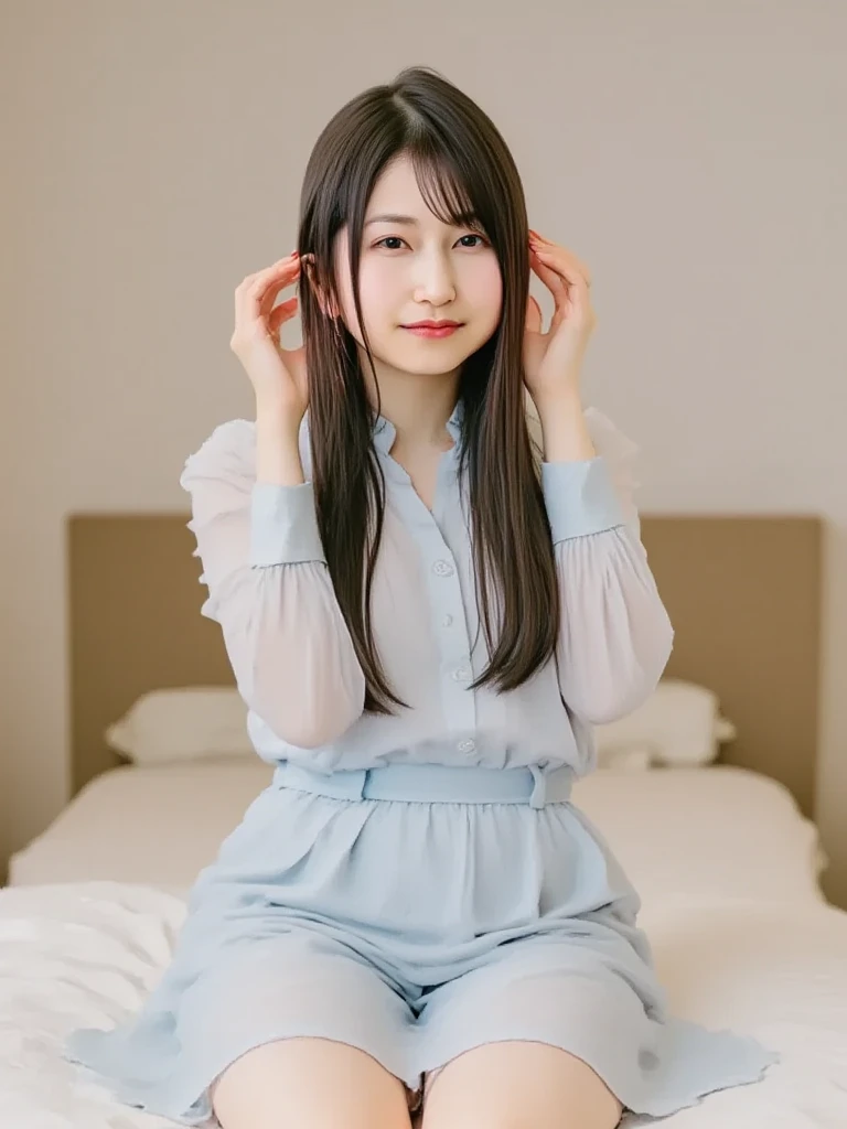 A 12-year-old girl，A dark-haired，poneyTail，blush，Light blue pajamas，White spoblar