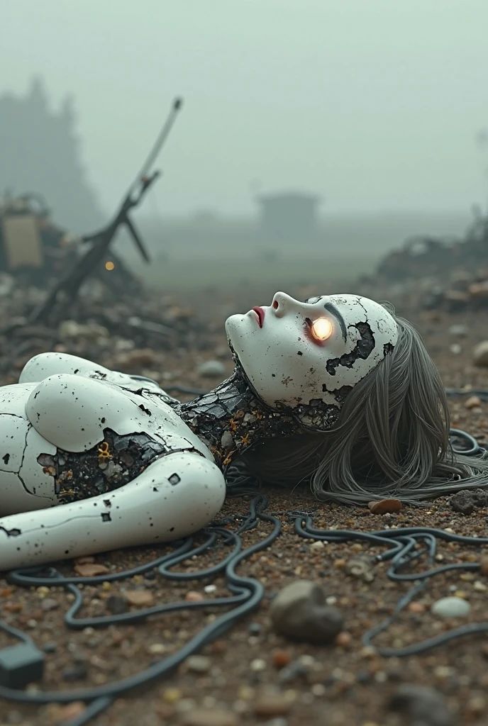 Photo of a broken ruined cyborg girl in a landfill,robot,body is broken with scares and holes,half the face is android,laying on the ground,creating a hyperpunk scene with desaturated dark red and blue details,colorful polaroid with vibrant colors,(vacations, high resolution:1.3),(small, selective focus, european film:1.2),art by Otomo Katsuhiro,