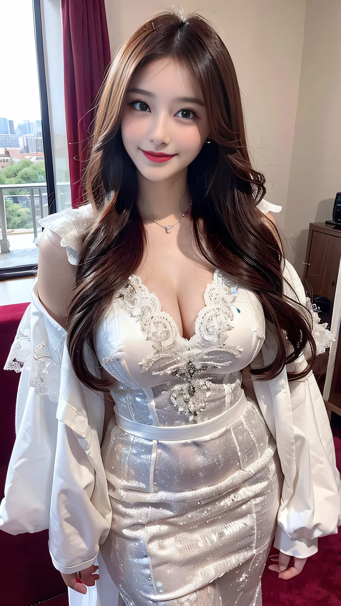(((Full and soft breasts,)))(((巨big的乳房))) (((Cleavage))) (Perfect curvy figure){{{On the table}}}, (50age的成熟女人)、{Extremely refined}, (Solitary:1.5), (best quality:1.2), (Ultra-high resolution, Reality, RAW photos:1.4), 8K, light, 美丽的light, Professional lighting, Physically Based Rendering, Photon Mapping, Radio City, Detailed and complex, Detail face, high quality, nffsw、((50Japan))、big屁股、Wow,big、bigbig、(50age)、非常bigbig、Skin texture is fine and dense,,,,,,,,,,,,,,,,,,,,,,,,,,,,,,,、Delicate red and black 、Bright red lips、Crystal clear white skin、50Japan、Delicate red and black areola、Detailed brown eyes、Long fluffy brown hair、Full figure、(Luxurious wear, White sexy lace dress)、Gorgeous accessories、Gorgeous hair accessories、(night(Mall escalators)Insertion into the)This will be、Long white lace gloves、