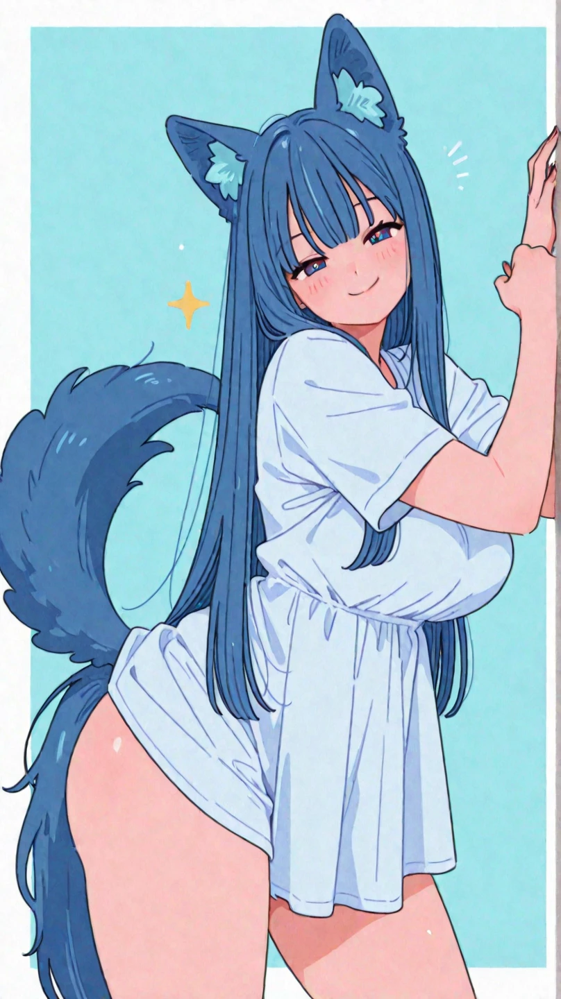 creates an anime style image of a woman, seen from behind, wearing a long shirt that covers up to her thighs with her legs slightly open and a light blue furry animal tail buttplug