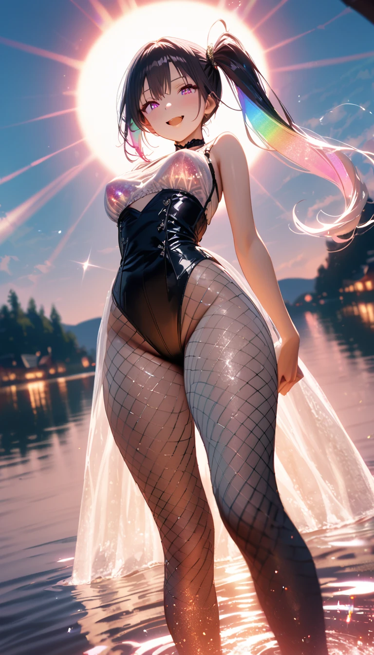 (high detail, high quality, best picture quality, masterpiece, 8K), DOF, Focus on the face, from below, at a medium distance, in a rule of thirds composition, full body standing, ((very pretty girl in her early teens is looking up at the sky with a gentle smile/big bust/dark red eyes/Sparkling Eyes/Iridescent long hair/hime cut hair)), hair over one eye, play boy bunny, Fishnet stockings, shiny glossy iridescent clothes, shiny glossy latex gradient iridescent clothes, shiny reflective clothes, transparent clothes, intimate clothing, glass texture, gradient translucent glass melt, dynamic posing, exciting mood, smiling, dynamic angle, sexy pose,
