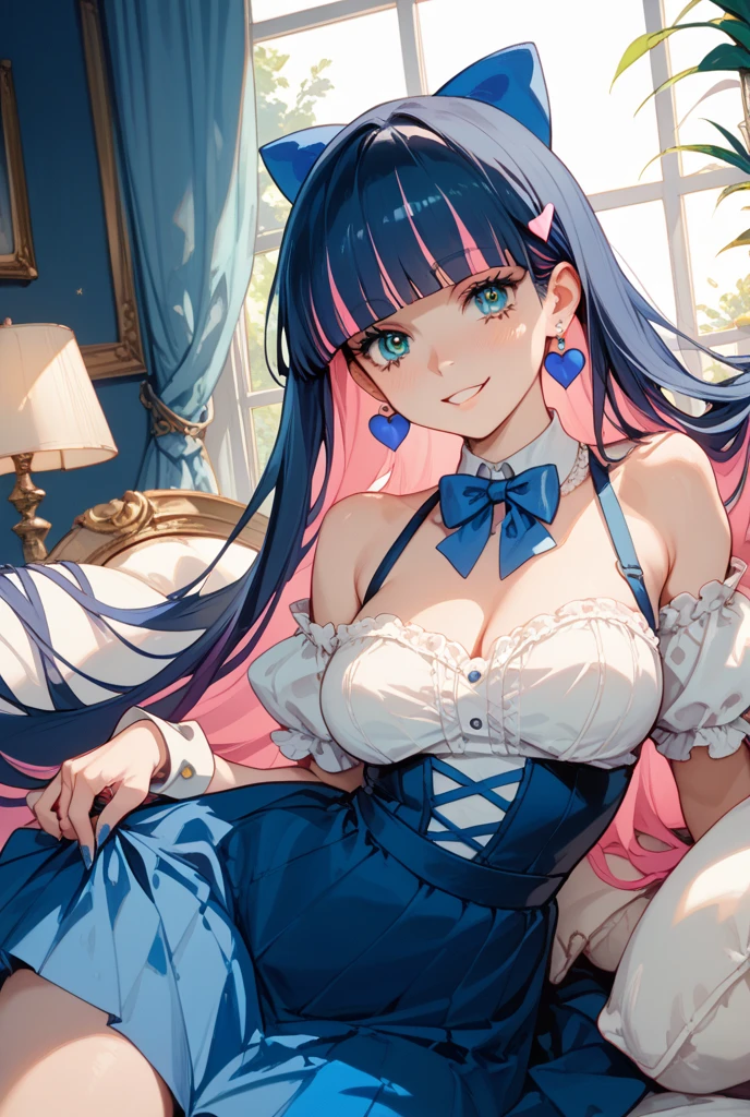 score_9,score_8_up,score_7_up,score_6_up, 1girl, solo, blue hair, blue eyes, dress, long hair, white background, smile, open mouth, simple background, looking at viewer, white dress, frills, long sleeves, bangs, bare shoulders, ribbon, off-shoulder dress, blush, frilled dress, virtual youtuber, off shoulder, breasts, collarbone, necklace, :d, cowboy shot, hand on own chest, medium breasts, jewelry, hand up, pink ribbon