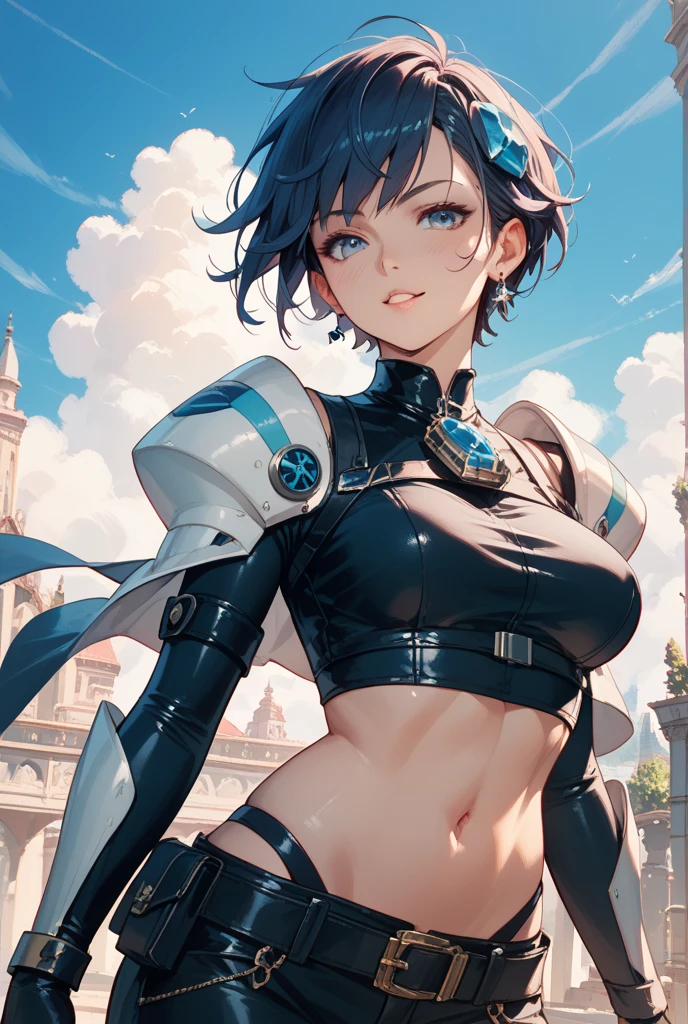 (masterpiece, best quality:1.2), cowboy shot, solo, 1girl, prinbulletbill, sharp teeth, evil grin, looking at viewer, crown, black dress, earrings, cleavage, blue sky, cloud <lora:mario_princessbulletbill_prodigy-17:1>