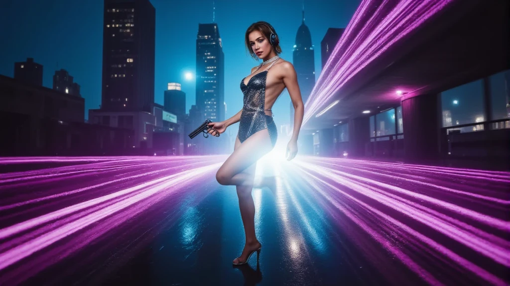 (Hyper-realistic photograph:1.4), Captivating scene under the rain at night on a rooftop, a sexy slim woman, large breast cleavage, with short brown hair, three-quarters view, Black trench coat, (black sunglasses, holding a short gun), with a dark rainy city landscape in background, blue eyes, photography style, (half-body shot:1.3), (contemplative expression:1.2),(well-lit:1.2) Extremely Realistic, serendipity art, (sharp focus:1.3), intricate details, highly detailed, by God himself, original shot, masterpiece, detailed and intricate, Movie Still, guttojugg1