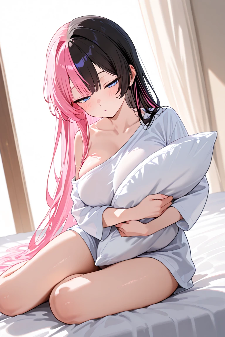 1girl in, 独奏,(barechested:1.3),(red blush:1.3)Beautiful illustration、top-quality、Cute little girl s、Bedroom、A pink-haired、length hair、very very gigantic boobs、blue eyess、on the beds、lovely thighs、glowing thigh、Jet a lot of pee、Stand with your legs open with your crotch spread、Shout with your mouth wide open、sticking out the tongue through the mouth、fullnude、pubick hair、Masturbate with your own hands、Yogurt is attached to the whole body