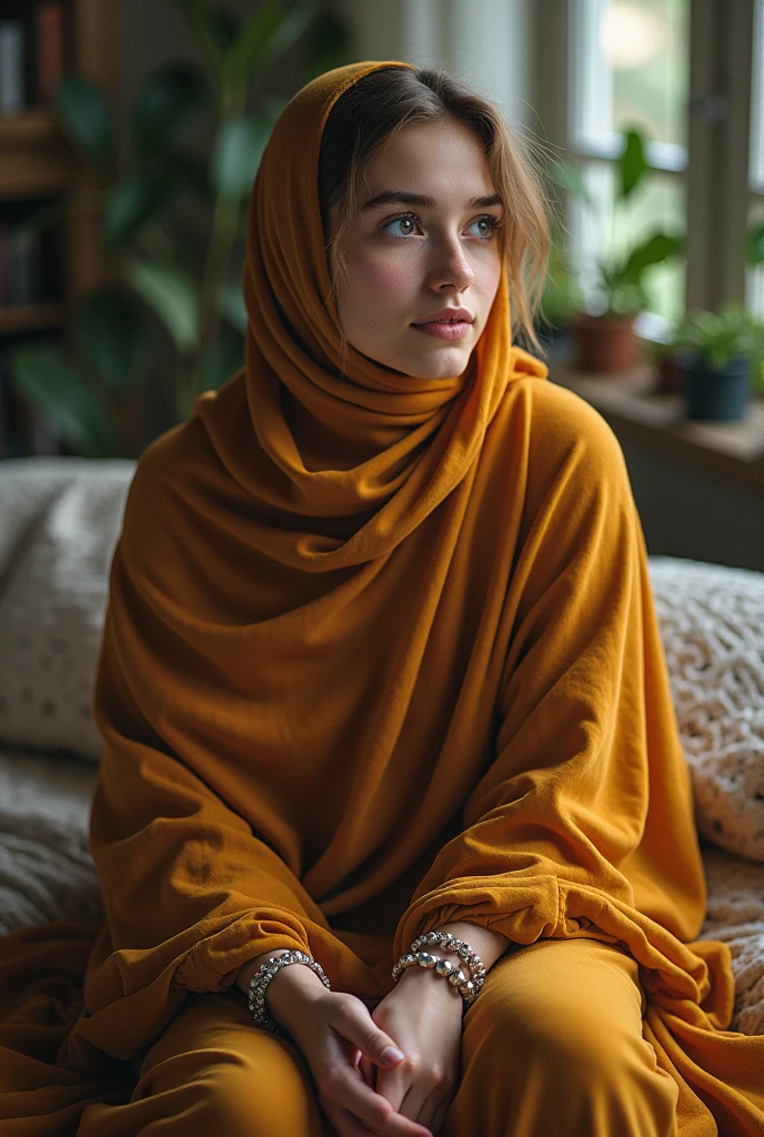 beautiful woman, sitting on bed, wearing loose off-shoulder top, pajama pants, long yellow hijab, indoors, soft lighting, plants in background, window with sunlight, cozy room, relaxed pose, realistic, intricate details, warm colors, by Greg Rutkowski, by Alphonse Mucha