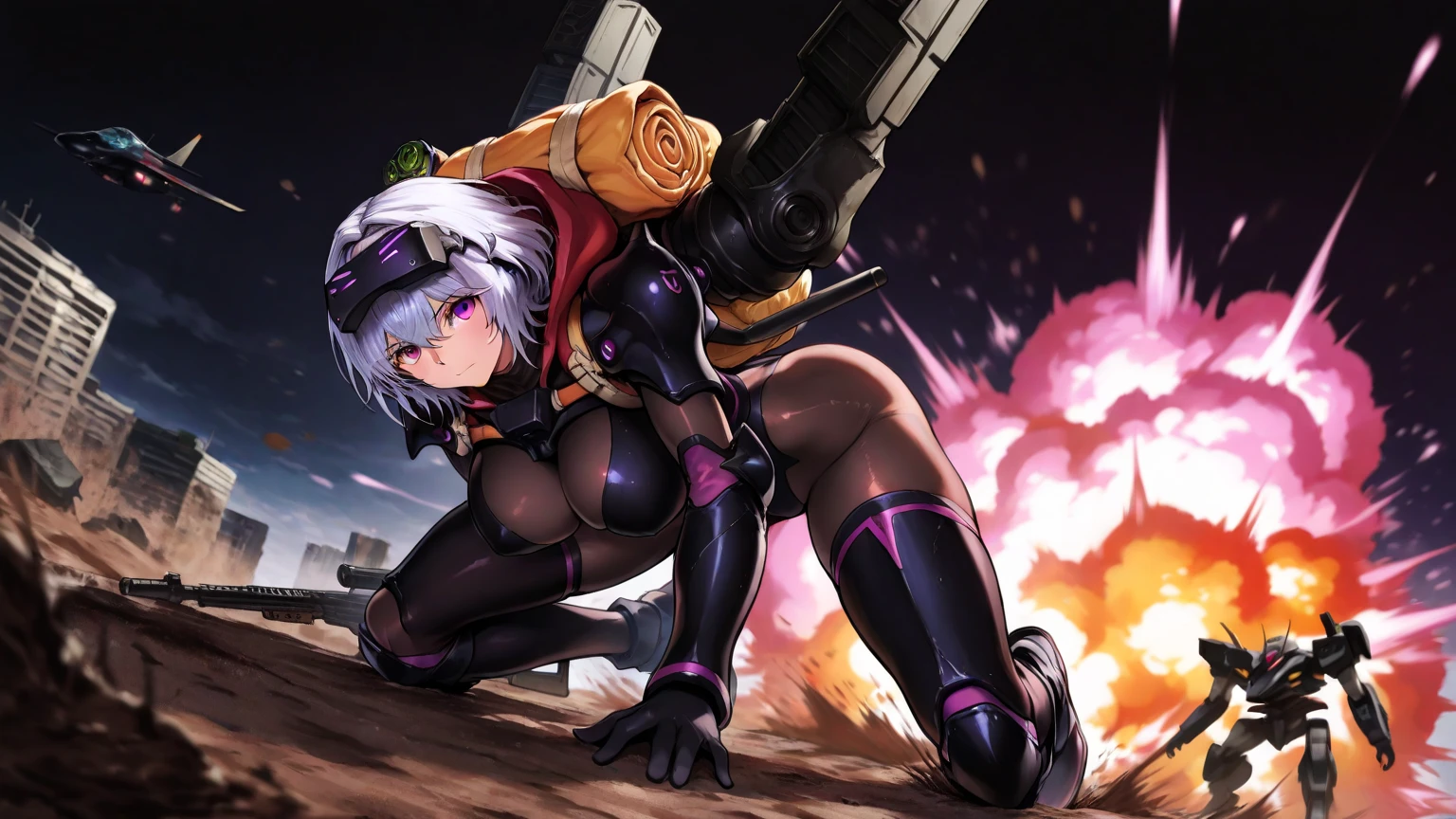 Long purple hair , yellow eyes, sexy, kaiju no. 8 uniform, ready to attack a kaiju, holding a advanced rifle weapon, aiming her weapon, tied hair, cute hairstyle, serious look, gloss lips, sit, sinister, front look, tactical gear, tactical boots, tactical gloves, full body shot, beautiful eyes, large breasts, triple D cup breasts, round buttocks, bubbly buttocks, wide hips, bubbly ass, fit and strong, slender body , night, sensual, straigh hair cut, clear skin, evil, young 30 years girl, adult girl, solo, red, very long hair,