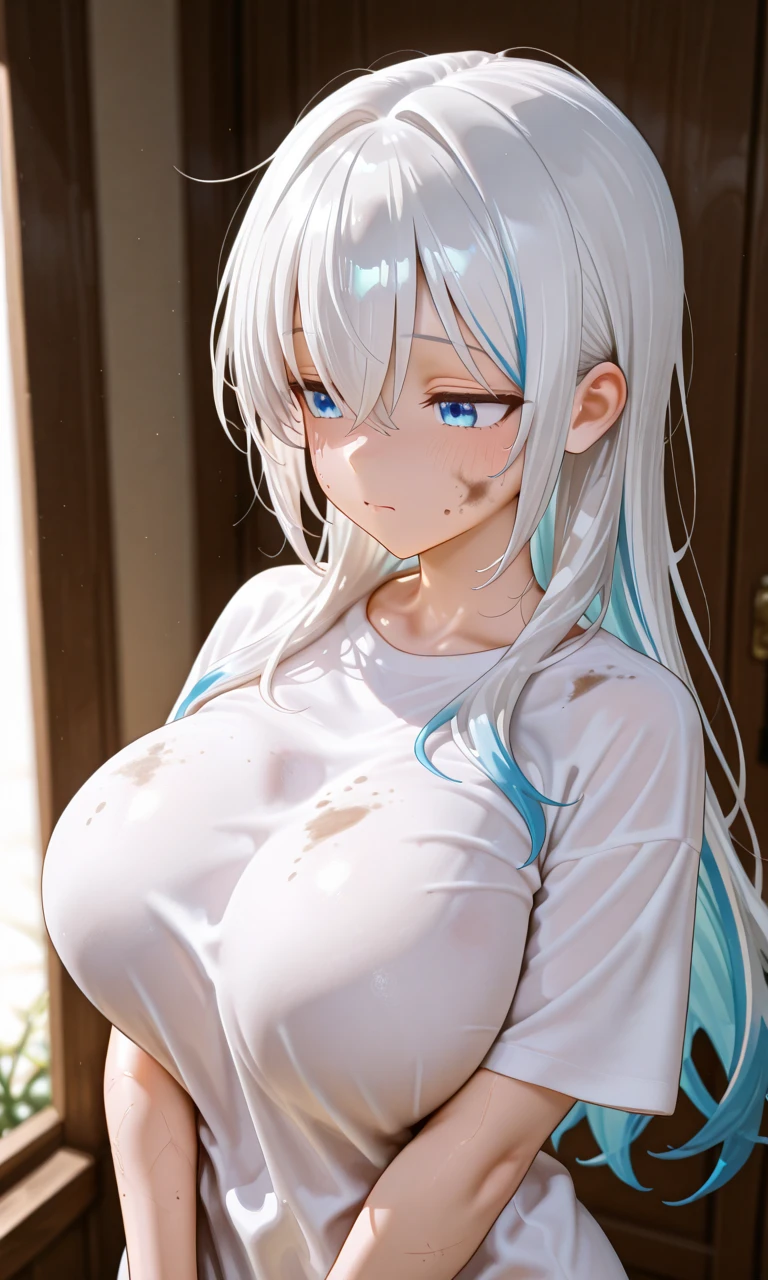 in daytime cafeterrasse, 1girl, light blue hair, long hair, ahoge, surprised face, shiny eyes, open mouth, sweat on face, white skin, (no pattern simple white Kimono:1.2), large breasts, cleavage, off shoulder, strapless, (white cream on breasts),