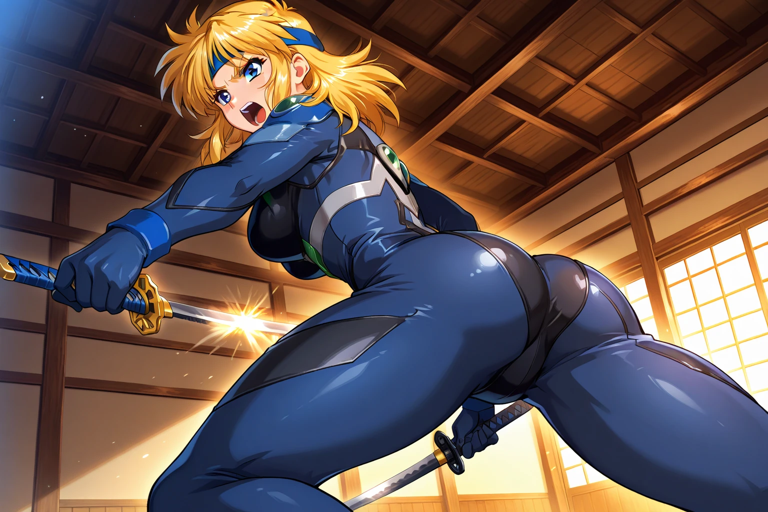 ultra-detailed, Explicit, Beautiful body, Beautiful Nose, Beautiful character design, perfect eyes, perfect face, ultra highres, 4K, beautiful legs, perfect legs, Nice hands, Perfect hand, Masterpiece, Best Quality, Highly detailed, illustration, absurdres, street fighter, doll suit, shadaloo doll, dollsuit, expressionless, blank eyes, looking at viewer, red gloves, emotionless, black latex, corrution, mind control, female combatant, full body, hypnotized, unhappy trance, full body suit, ribbed bodysuit, both arms at side, obey, perfect female body, extremely glossy latex, hypnosis, hypnoLora, empty eyes, Mind control device, poses, submissive_pose, Slave, hat, necktie, stand up straight, standing, standing at attention, hat, necktie, belt, latex, ribbed bodysuit, thighhighs, garter belt, Fighting Stance, extending the right arm from the shoulder into the air with a straightened hand, nazi saluting, military, military saluting, salute, thigh boots, 1girl, Magical Girl Lyrical Nanoha StrikerS, Vivio Takamachi (Adult Ver.), blonde hair, side ponytail, red eyes, green eyes, blue ribbon, Heterochromia
