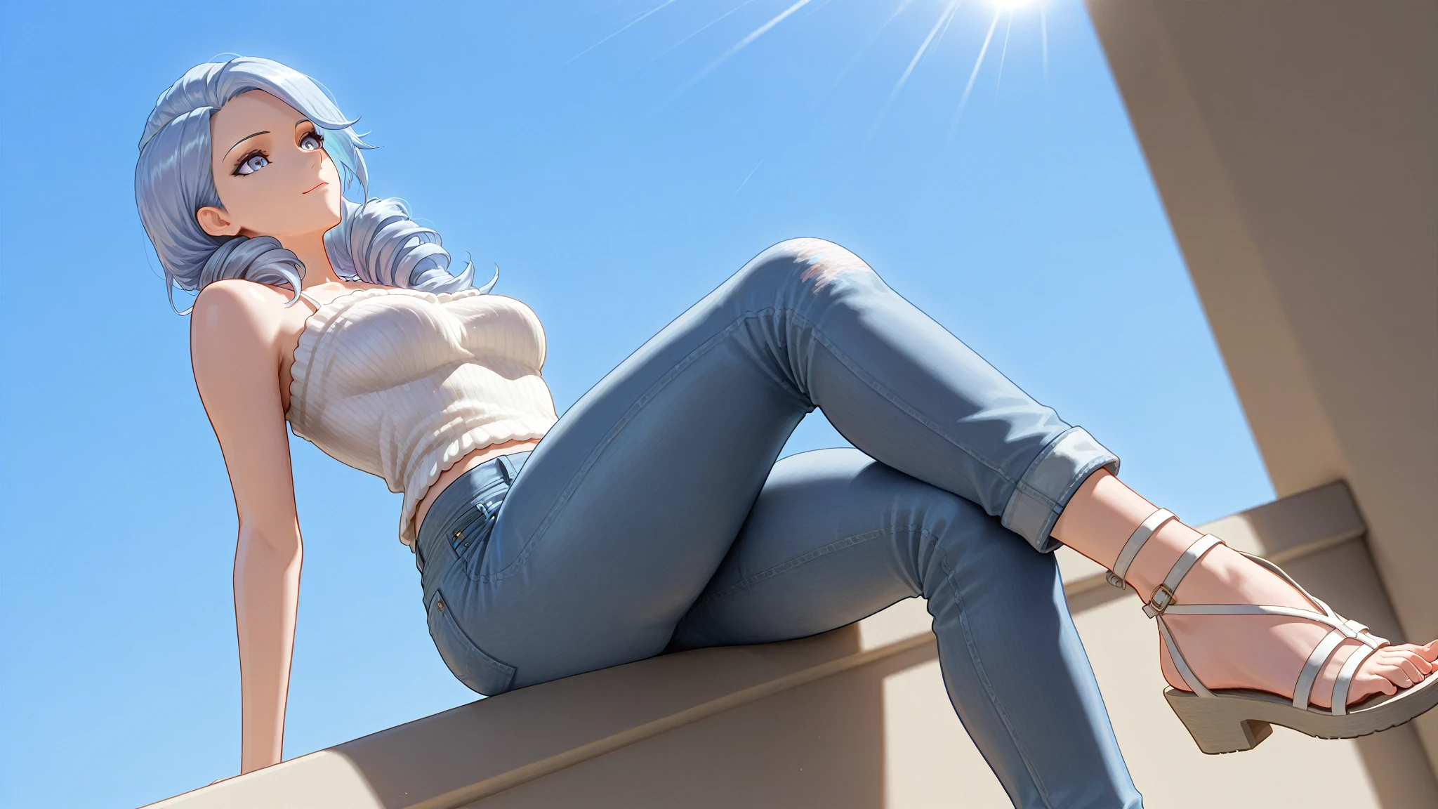 The Araf woman sat on the couch,Legs crossed, legs taking your pov, detailed shot legs-up, low perspective, Wearing jeans, close-up on legs, feet posing, low view, detailed legs looming over you, Low angle, Wearing white sneakers, Jeans, tight blue jeans and cool shoes, mid view from below her feet, Low angle!!!!
