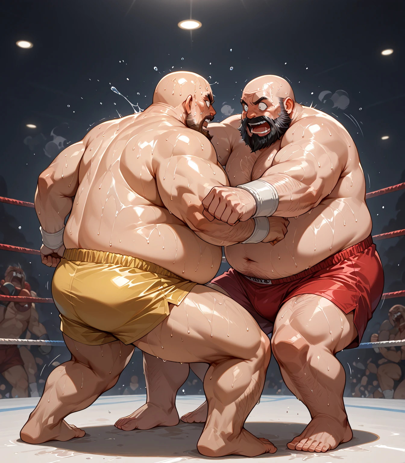 Imagen de un hombre luchando contra un Zumo en un ring de lucha libre, short de color naranja, sudor en los cuerpos, fondo de color blanco, pared, polvo.