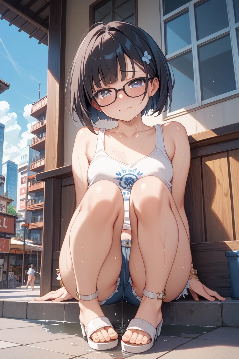 nsfw,1girl,18yo,perfect hands, perfect finger,perfect anatomy, masterpiece, best quality,realistic, hyperrealistic, 16k hdr,, aamii, short hair, black hair, blue eyes, glasses, (no bra,no panty, T-shirt,denim mini skirt:1.2),(lift up T-shirt),outdoor, from below,(sweat:1.3),(red blush, smile),small breasts,necklace,(leaning forward,squatin:1.2,pubic hair:1.3),(wink),(peace sign:1.3),