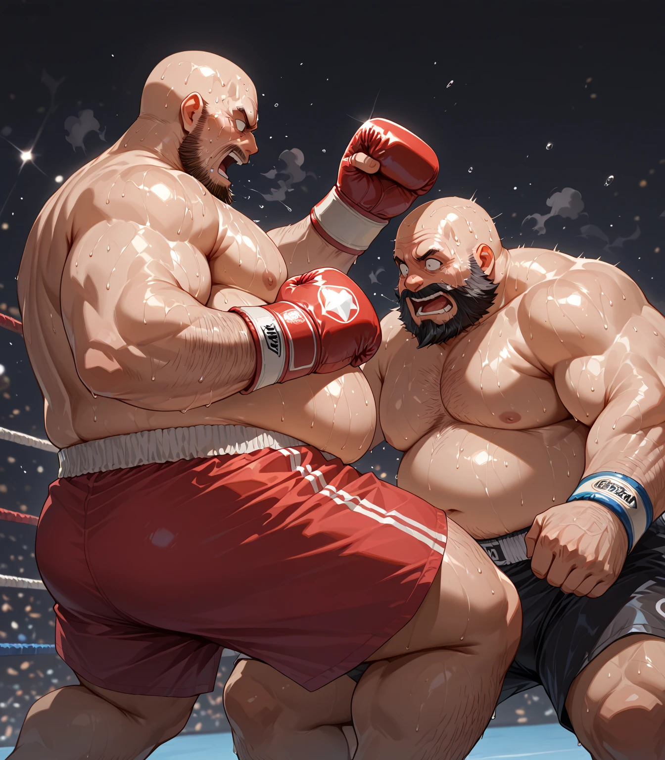 Cinematic Snapshot, (Two shirtless men in the ring, Fights without rules, A tense moment, fight for the mankind moment, active action, 2 senior muscle beard men are beating each other abs brutally (black hair and brown hair), bloody fight scene, bruised on their muscles, manliness fight, cinematic quality, movie lighting, high resolution, Maximum photorealism, maximum definition, extremely manly fight atmosphere, perfect muscle ???????, perfect boxing choreograph, active action.
