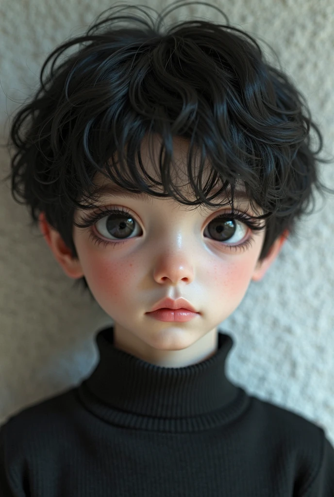 Create a young boy with pale skin. He has slightly messy and dark hair.. His eyes are grey and he has broad shoulders.. His facial features are elongated and angular with pronounced cheekbones and a marked jaw..