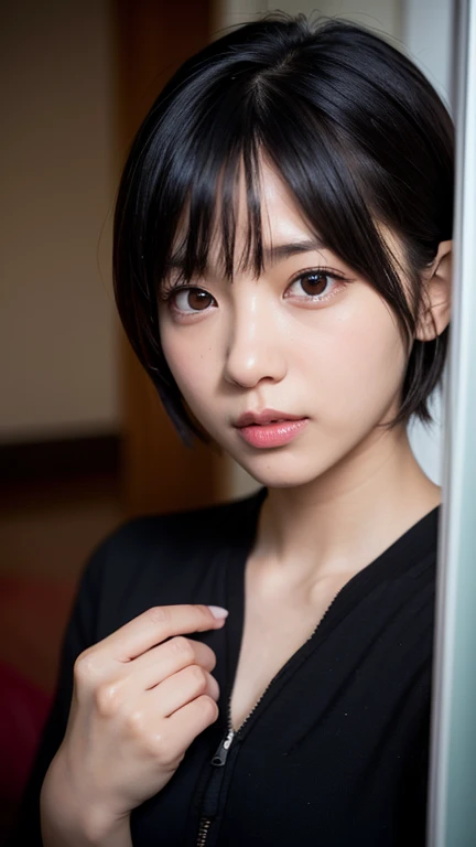 ((sfw: 1.4)), detailed face, cute face,brown eye, , extra short hair, sidelocks-hair, master piece , best quality, matured woman face , squatting , blouse , japanese , room , indoor