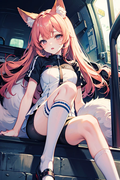 (masterpiece, best quality:1.5), (ultra detailed, high resolution, 8k, beautiful detailed, UHD, best anatomy), red pigtails hair, small breasts, 1 girl, short skirt, thin oversize shirt, crossed legs, from below, panties, sitting in a gaming chair, pouty look