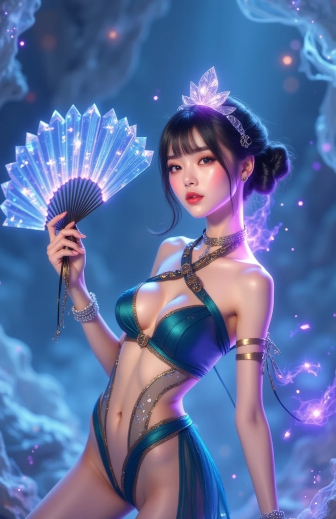 Half naked Tia is shown to have a fairly slender figure. She has white-grey hair , she has short hair and large pale green eyes, Immortal goddess, super beautiful, 8k, super big breasts, meditating, sitting cross-legged, golden glowing magic circle rotating behind her, blue magical aura surrounding her parts, magical blue pink yellow fire, fantasy, milky way background, (4 elements, fire, water, wind, earth, surround it), sexy transparent dress, perfect beautiful cleavage,navel visible, toned abs, planet lines, too long bleached hair, ponytail, seductive attitude,