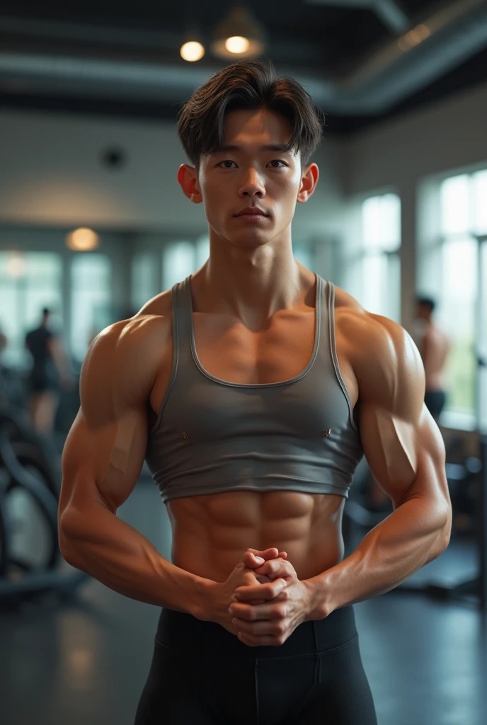 Masterpiece, Best quality, Solo, Korean man, gym background, bodybuilder, muscle body, big muscle, Natural eyes, large bulge, short detailed hair, Sexy guy, looking at viewert, black Brief, triangular men's underwear, standing