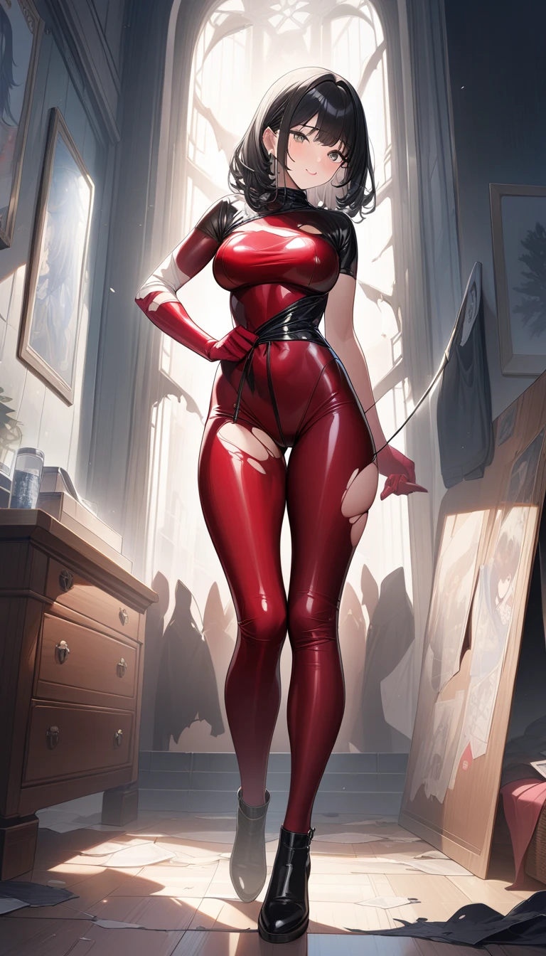 Red and black ink painting by Jess_Nigri as goth punk, Waist slender, gray pupils, reaper, ninja, highy detailed, latex, fluid brush strokes, red tendrils, Dispersion effect, fluid geometric pattern, hexagons, ink spatter, perspective and horizon line, (big boobies)