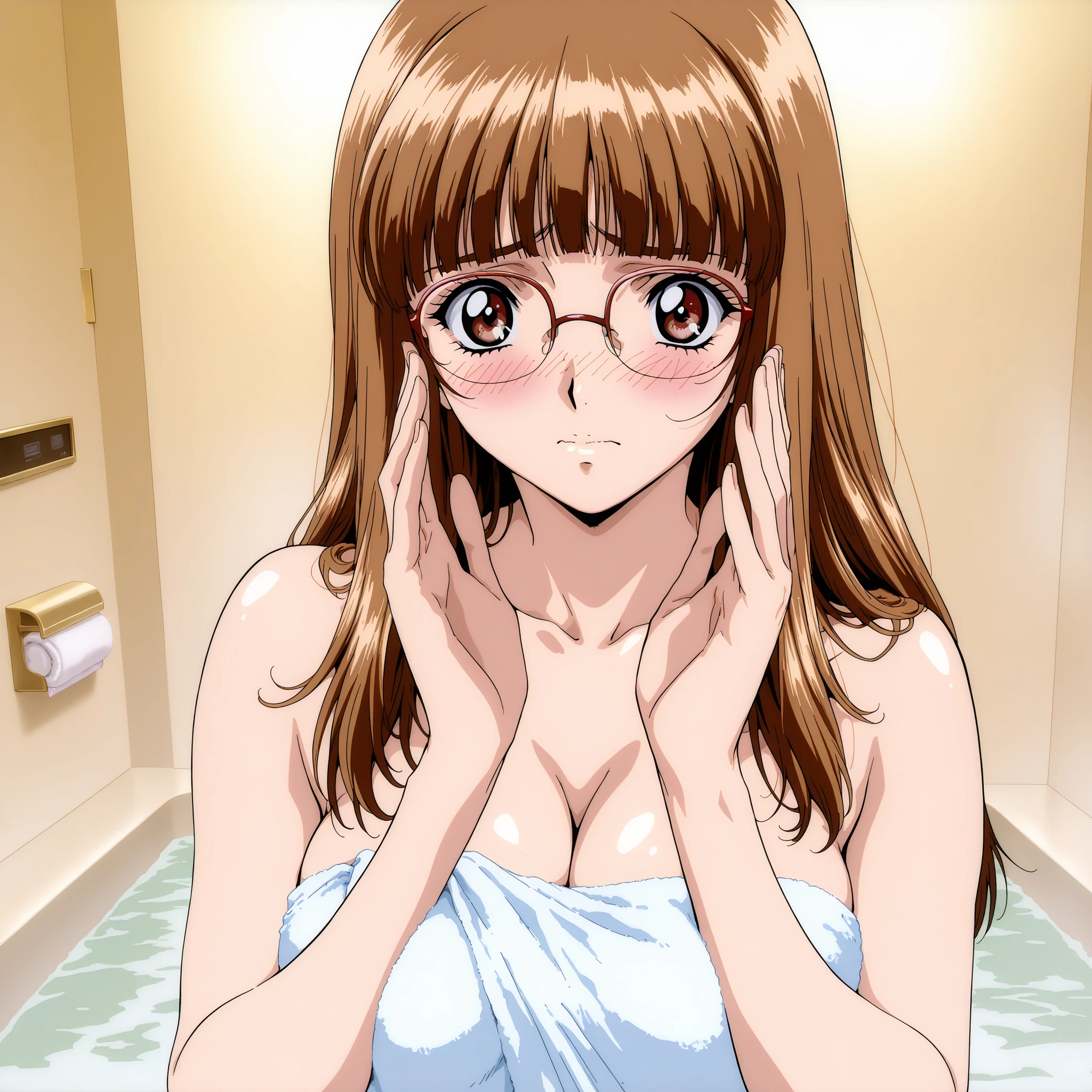 (((solo))),general,highres, ultra-detailed,very aesthetic,best quality ,best hands,beautiful fingers,BREAK
Iijima_Sensei, 1girl,solo, brown hair, glasses, long hair, brown eyes,blunt bangs,breasts,hotel bath rooms,bathing,nude towel,embarrassed,(((solo))),