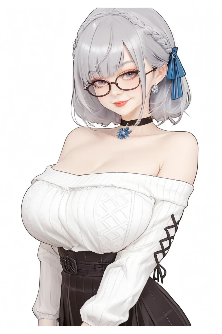 white haired young woman, 25 years old, body, golden eyes, long hair,Green braid tied in bows left and right...to wear glasses........big breasts..,, Wear a cheongsam.gray from China....large white chest,With a slight smile on his face......The background is a wheat field.