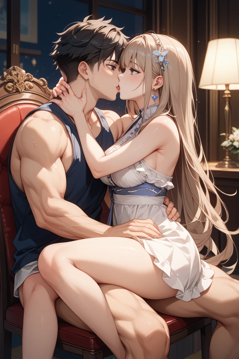 ((Highest quality)), ((masterpiece)), (detailed), (Perfect Face)、The naked man loves the woman so much that he pushes her down, embraces her, and has sex with her, wanting everything she has. The woman happily accepts the man, taking his penis and a huge amount of semen into her pussy, and they make love and have insemination sex.、The woman is a Thai woman named Tsukino Usagi, and is wearing a gorgeous, glittering swarai with gold embroidery in a luxurious Thai mansion, with gorgeous jeweled accessories and an engagement ring. The woman and the man are having sex on a luxurious, large bed in a luxurious room, with the woman having sex with a middle-aged Thai man wearing a dignified and sturdy Thai national costume.、The woman is the elegant Tsukino Usagi, a Thai girl with long blonde hair in a chignon twin tail, wearing a luxurious siwa-rai.、The man is a dignified, muscular, bearded, middle-aged Thai man wearing a Sua Praratchathan.