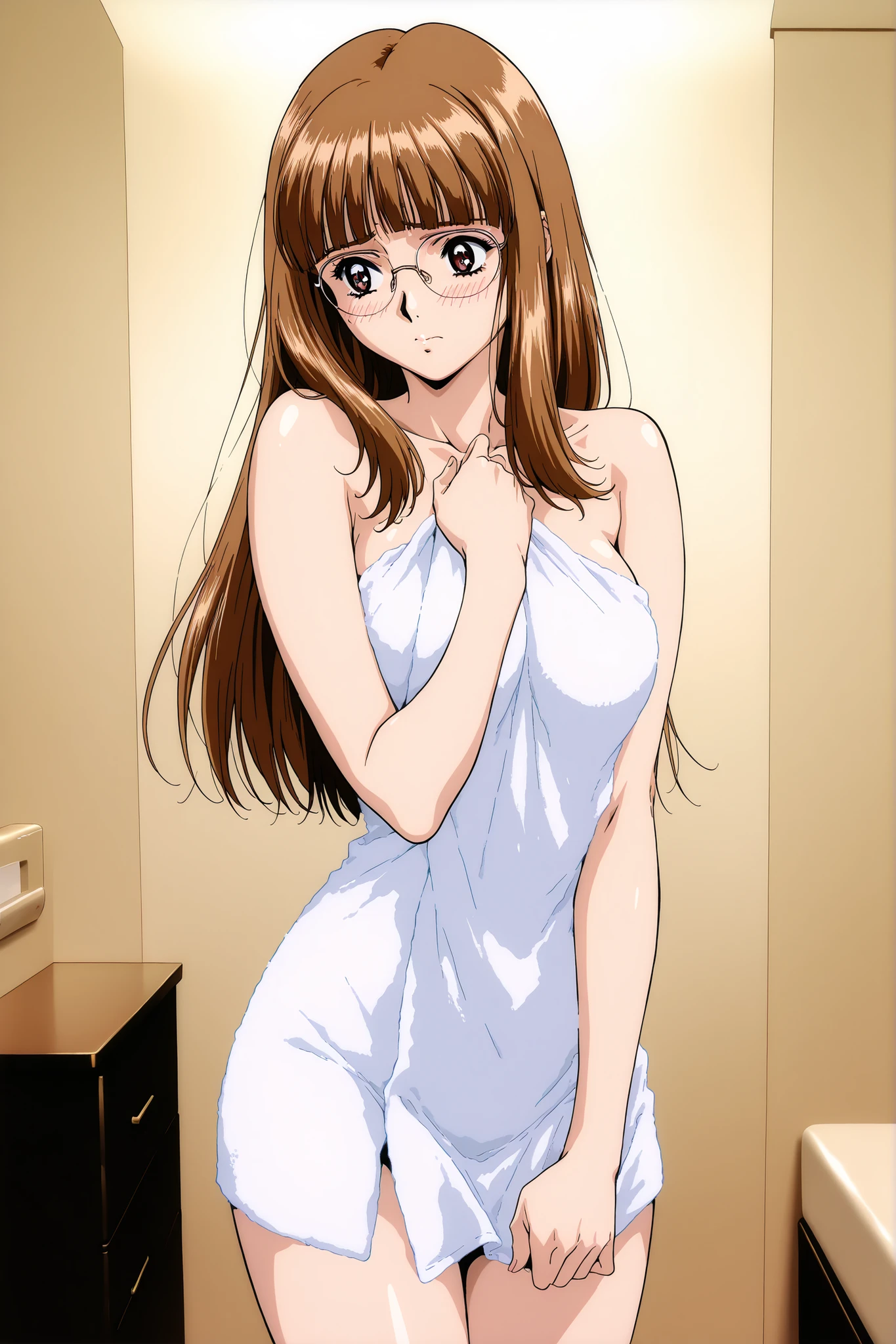 (((solo))),general,highres, ultra-detailed,very aesthetic,best quality ,best hands,beautiful fingers,BREAK
Iijima_Sensei, 1girl,solo, brown hair, glasses, long hair, brown eyes,blunt bangs,breasts,hotel rooms,nude towel,embarrassed,(((solo))),