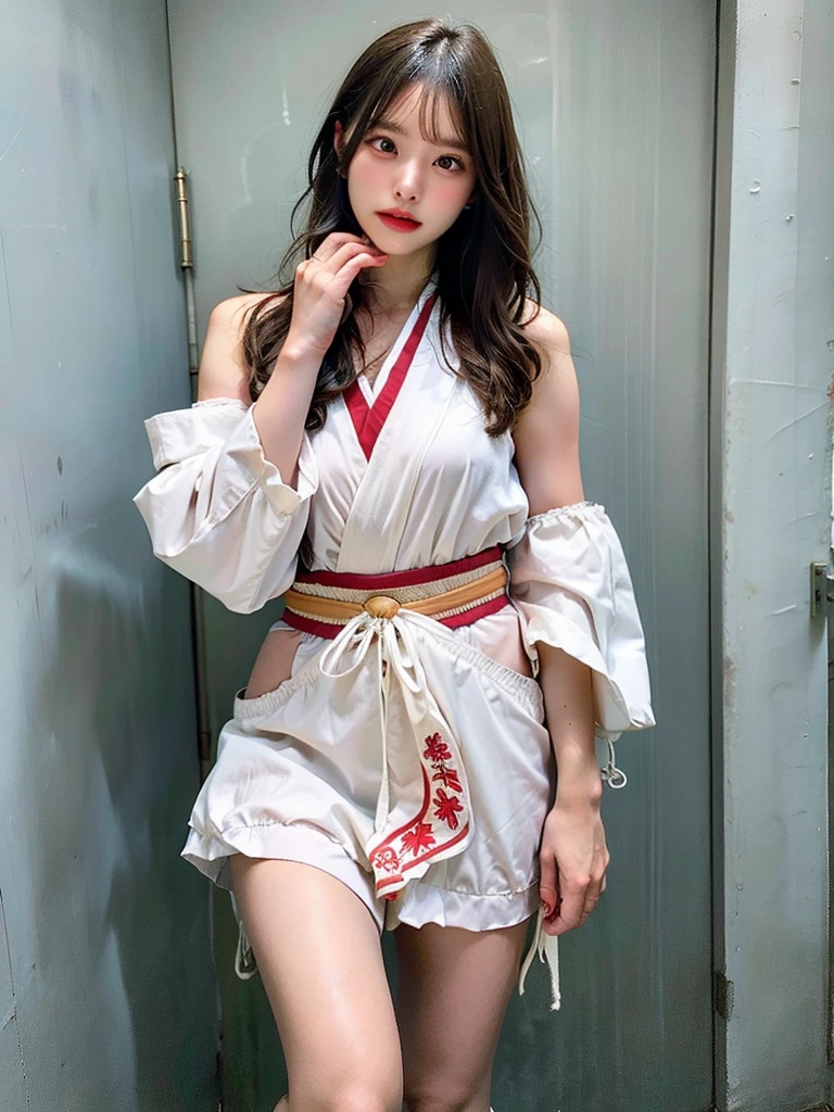 (8k、RAW Photos、highest quality、masterpiece:1.2)、(Realistic、Realistic)、1 girl、((Short shrine maiden costume、Off the shoulder、Long-sleeved kimono、Leg visible、Shorts、Sandals、garden、Ribbon belt、Semi-long hair、Standing with hands on hips))、Lots of eyelashes、Glowing eyelids、skeletally correct