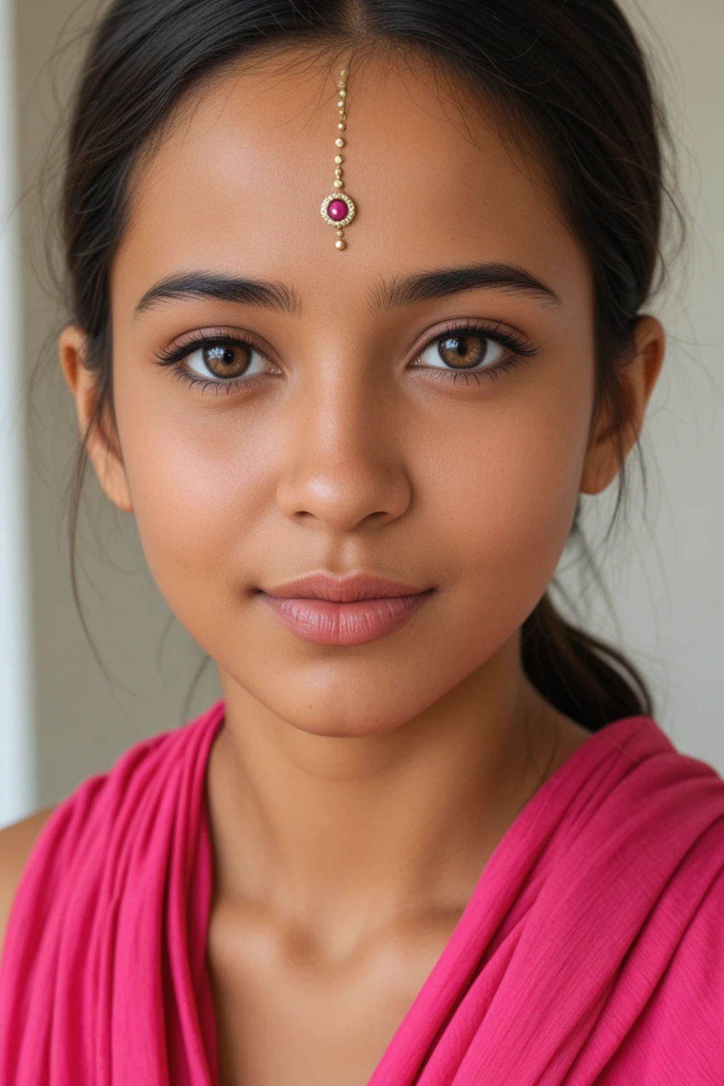(High resolution) Indian face with pink baby lips adorable face and a mole on upper lips. Innocent skinny 13 years old girl.