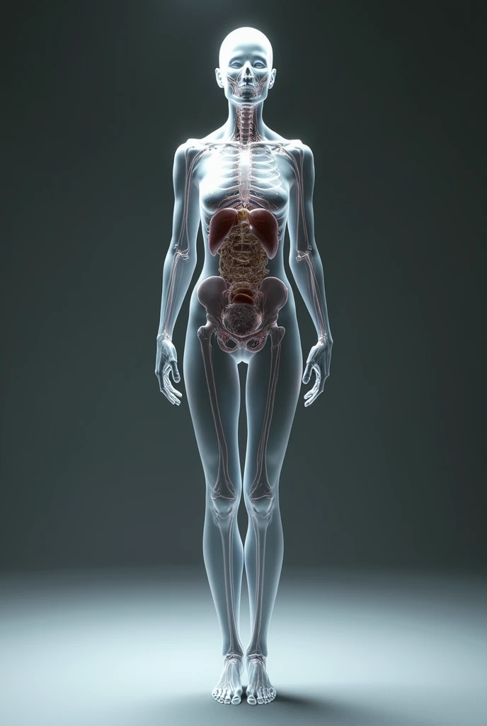 Create a highly detailed image of a full-body pose of a model with transparent, glass-like skin. The model stands elegantly, showcasing her striking form, but instead of normal skin, her entire body is made of clear, glass-like material. Inside, her organs are vividly displayed, each one glowing with vibrant neon colors.
The heart pulses with bright red, the lungs shimmer with electric blue, and the intestines swirl with neon green and yellow. Other organs also exhibit various neon hues, creating a mesmerizing and surreal effect. The scene is set against a dark, contrasting background, which enhances the glow of the neon organs and adds depth to the image. Light and shadow play across the model's body, highlighting the transparency and the colorful interior, creating an otherworldly and captivating visual. The overall image should be a stunning blend of beauty, detail, and surrealism